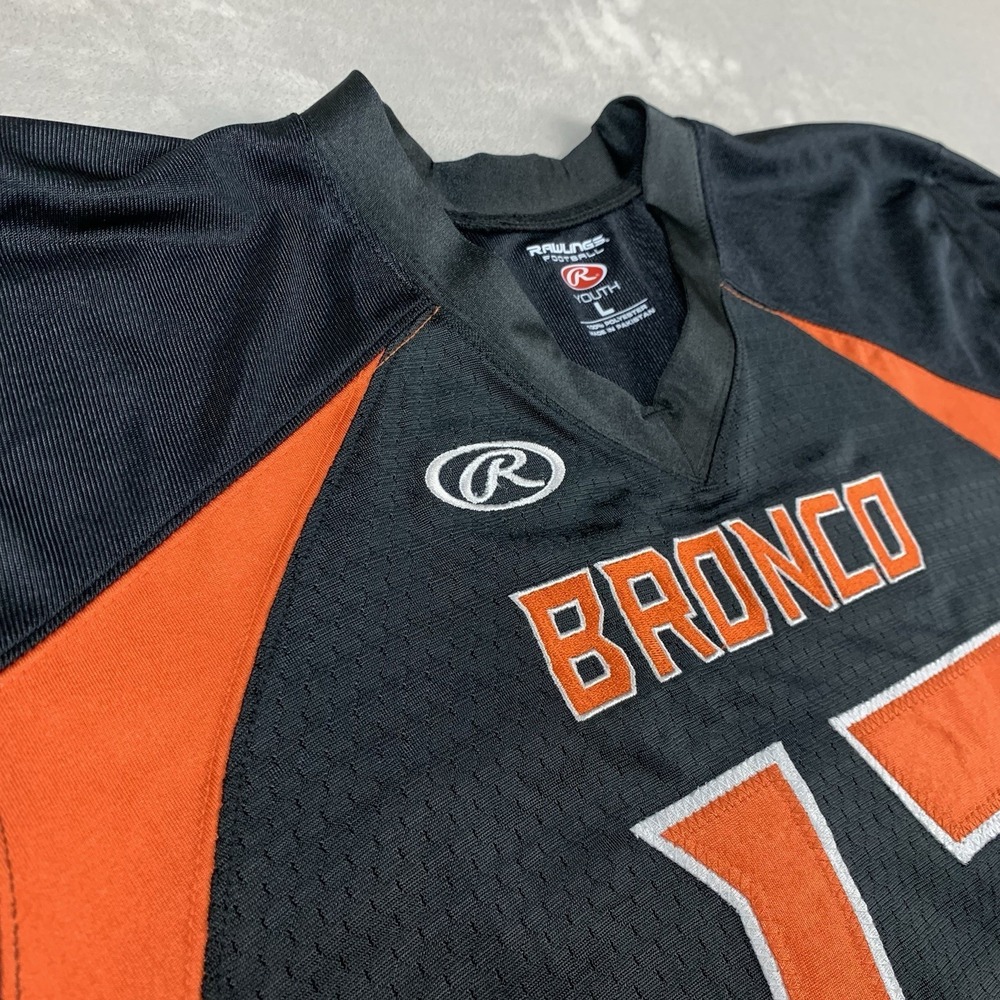 New Rawlings Youth Football Jersey Boys Large Black Orange Bronco #12